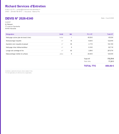 Devis nettoyage hotel - Exemple 6