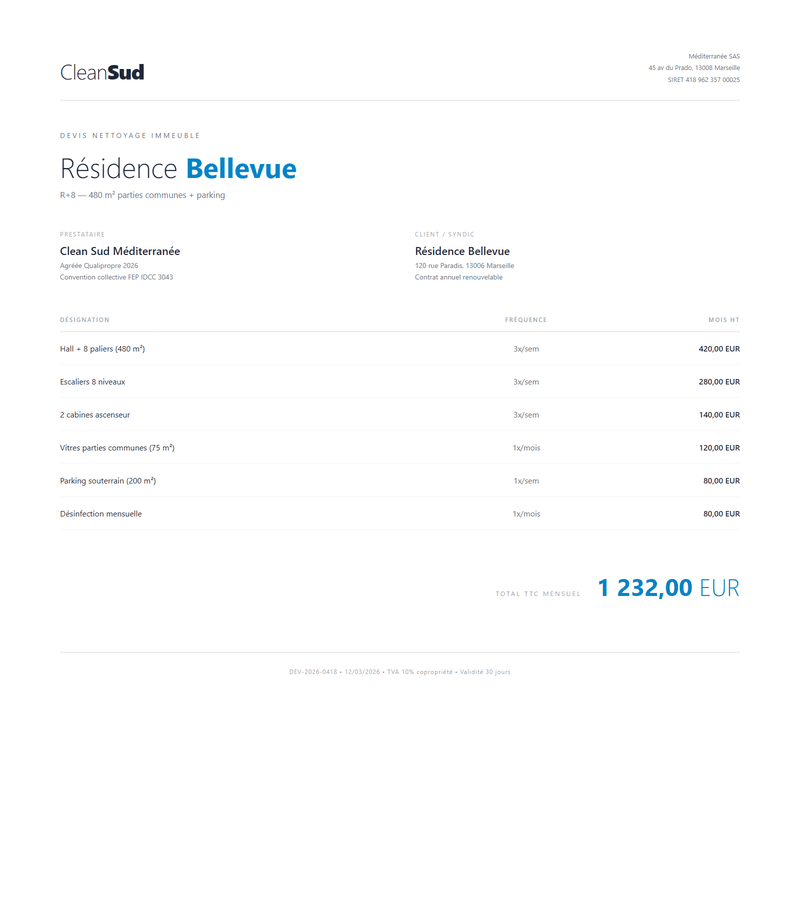 Devis nettoyage immeuble PDF Residence Bellevue R+8 Marseille