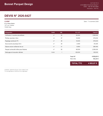 Devis parquet flottant - Exemple 3