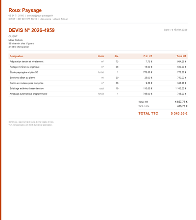 Devis arrosage automatique - Exemple 5