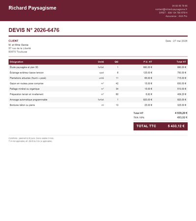 Devis espace vert - Exemple 3