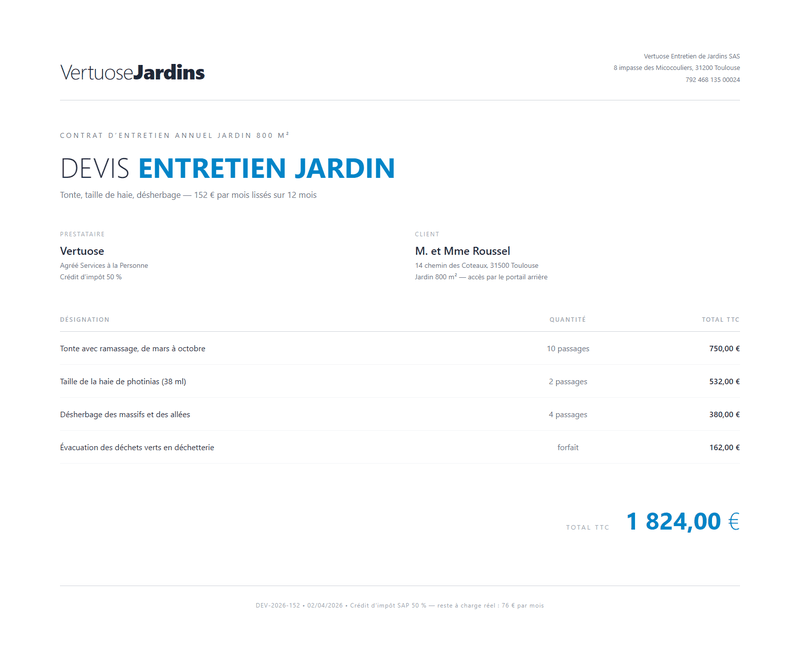 Devis jardinage - Contrat d’entretien annuel 800 m²