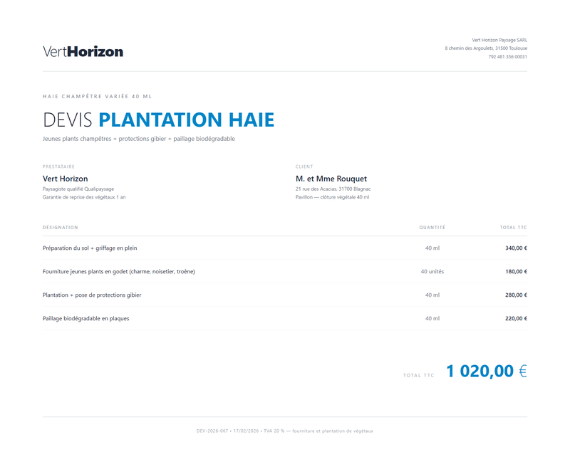 Devis plantation haie - Haie champêtre variée 40 ml