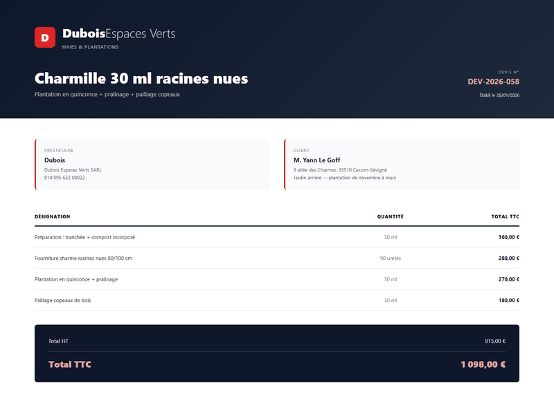 Devis plantation haie - Charmille 30 ml racines nues