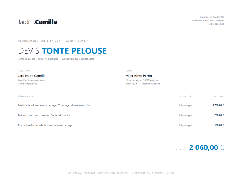 Devis tonte de pelouse - Abonnement saison 20 passages 850 m²