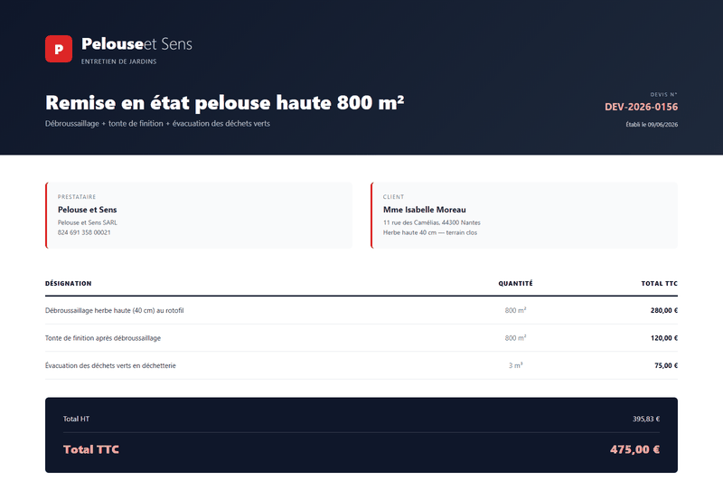 Devis tonte de pelouse - Remise en état herbe haute 800 m²