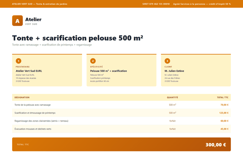 Devis tonte de pelouse - Tonte et scarification de printemps 500 m²