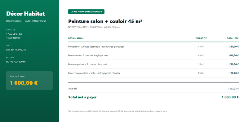 Devis auto-entrepreneur - Micro-entreprise 30m2