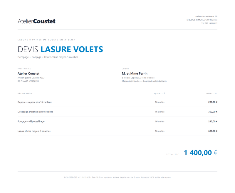 Devis lasure - 8 paires de volets en atelier