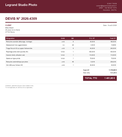 Devis photographe pdf - Exemple 3