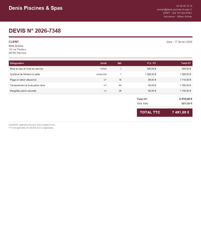 Devis construction piscine - Exemple 3