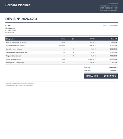 Devis construction piscine - Exemple 4