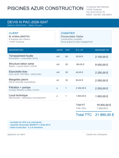 Devis piscine beton 10x5m