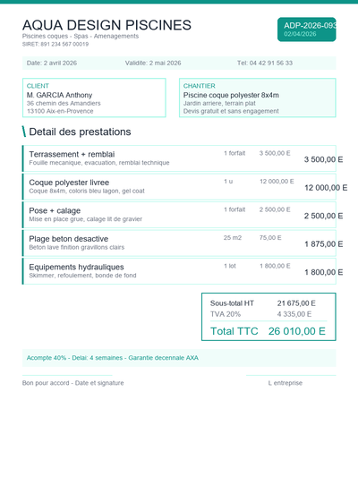 Devis piscine coque 8x4m