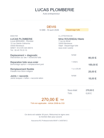 Devis plombier AE