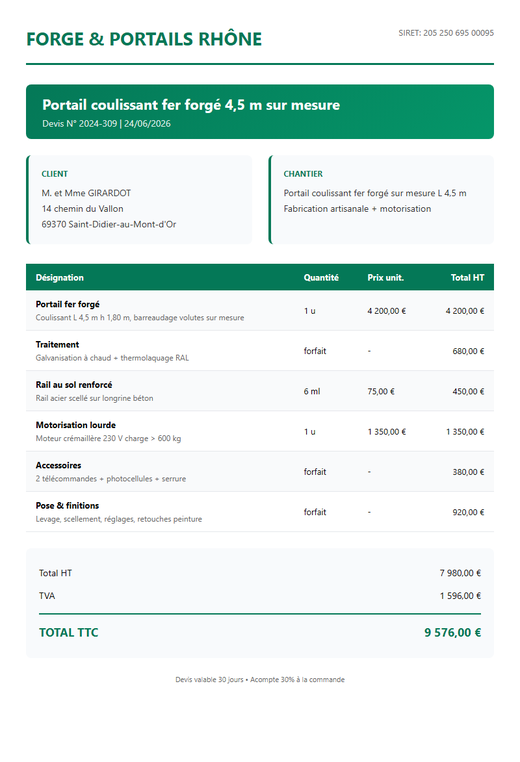 Devis portail coulissant motorisé fer forgé sur mesure 4,5 m