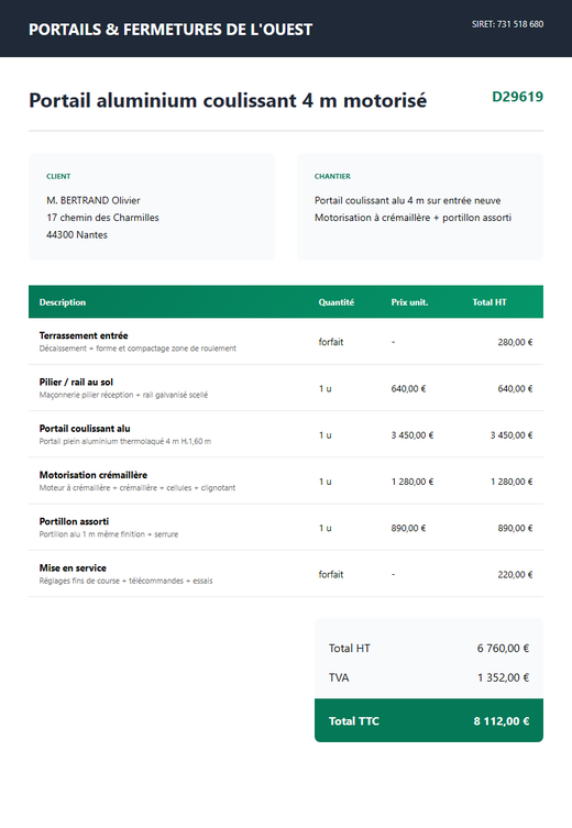 Devis portail aluminium coulissant 4 m motorisé