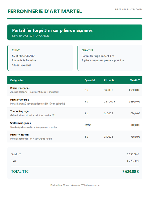 Devis portail fer forgé 3 m sur piliers maçonnés