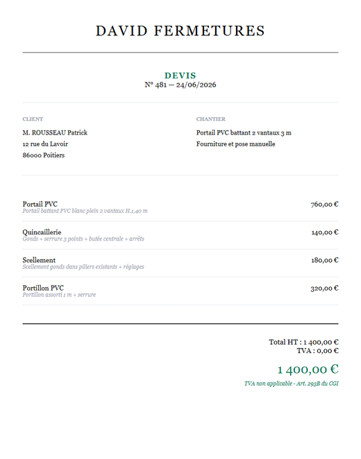 Devis pose portail PVC battant 3 m auto-entrepreneur