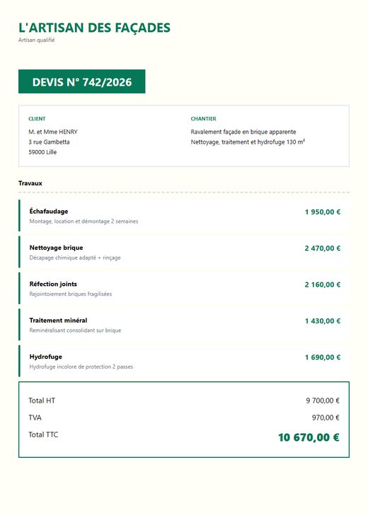 Devis ravalement façade brique apparente hydrofuge 130 m²