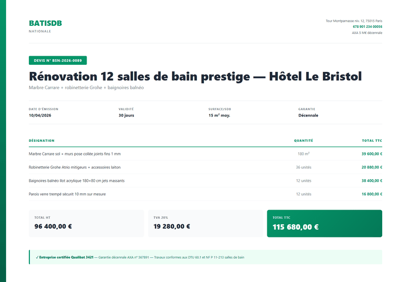 Devis salle de bain hotel prestige