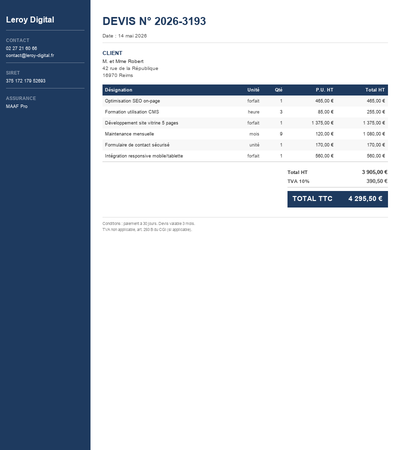 Devis site internet freelance - Exemple 1