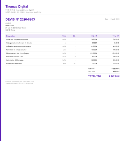 Devis site internet freelance - Exemple 6