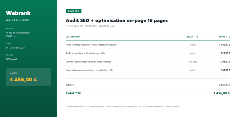 Devis SEO - Exemple 1 : audit et optimisation on-page