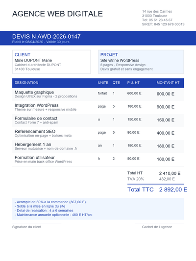 Devis site vitrine WordPress