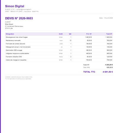 Devis site vitrine - Exemple 6