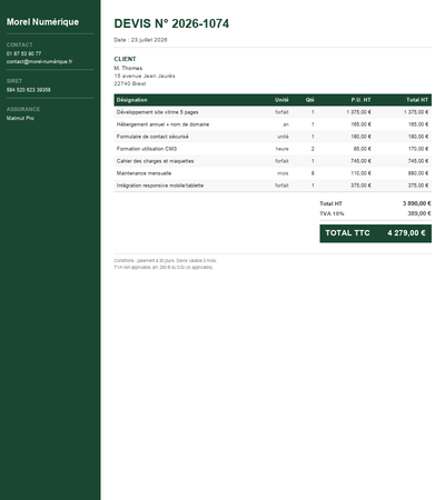 Devis site internet vitrine - Exemple 2