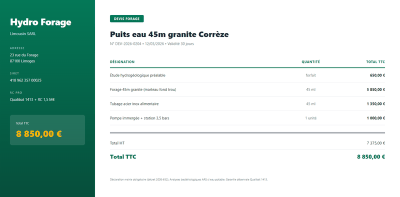 Devis forage puits eau 45m granite Limousin