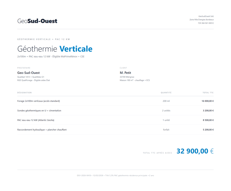 Devis forage geothermie verticale 100m PAC