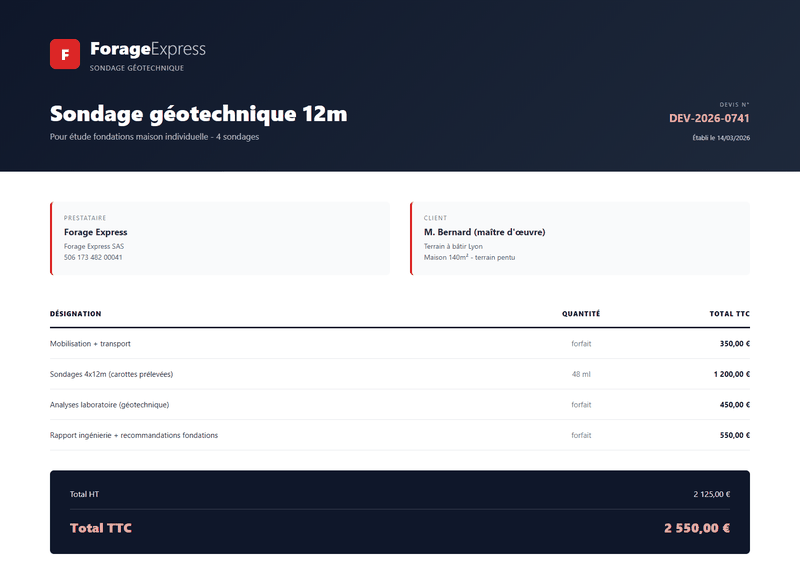 Devis forage sondage geotechnique 12m chantier