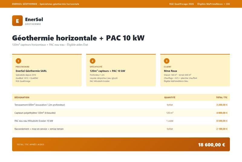 Devis forage geothermie horizontale 120m2 PAC