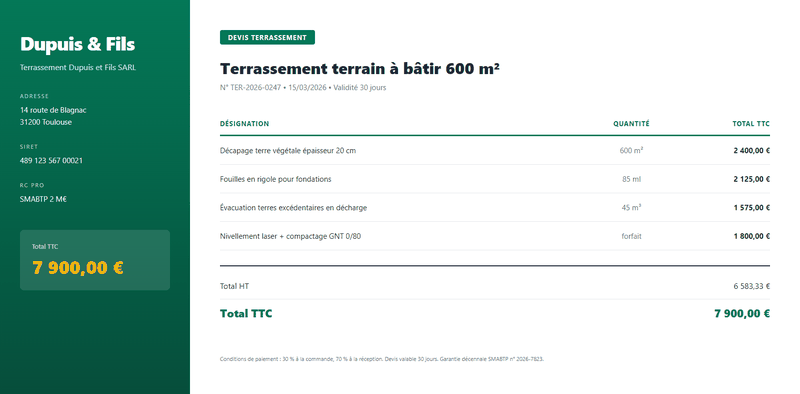 Devis terrassement terrain 600m2