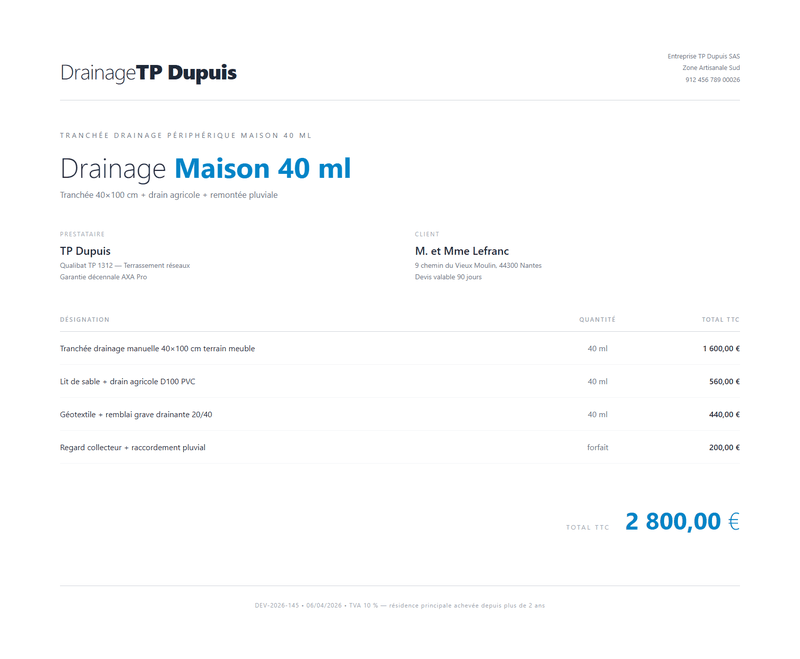 Devis tranchée drainage périphérique maison 40 ml