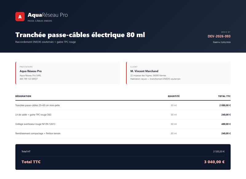 Devis tranchée passe-câbles électrique réseau ENEDIS 80 ml