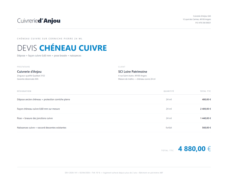 Devis chéneau - Chéneau cuivre sur corniche pierre 24 ml
