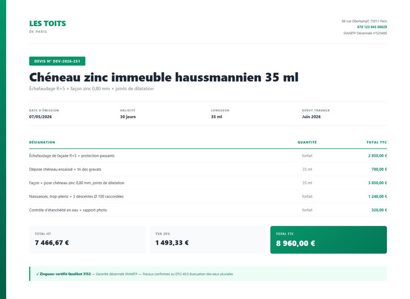 Devis chéneau - Chéneau zinc immeuble haussmannien 35 ml