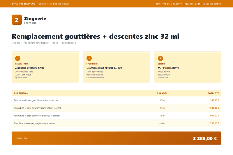 Devis toiture - Zinguerie complete