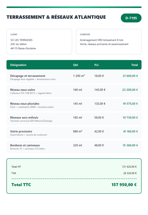 Devis VRD aménagement lotissement 8 lots